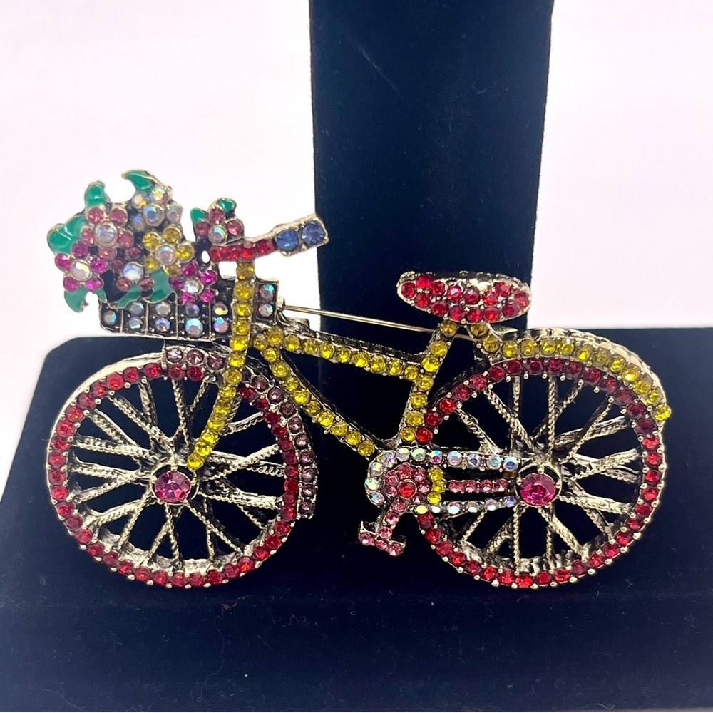Vintage Rhinestone Bicycle Brooch Colorful Crystal Flower Basket Bike Pin